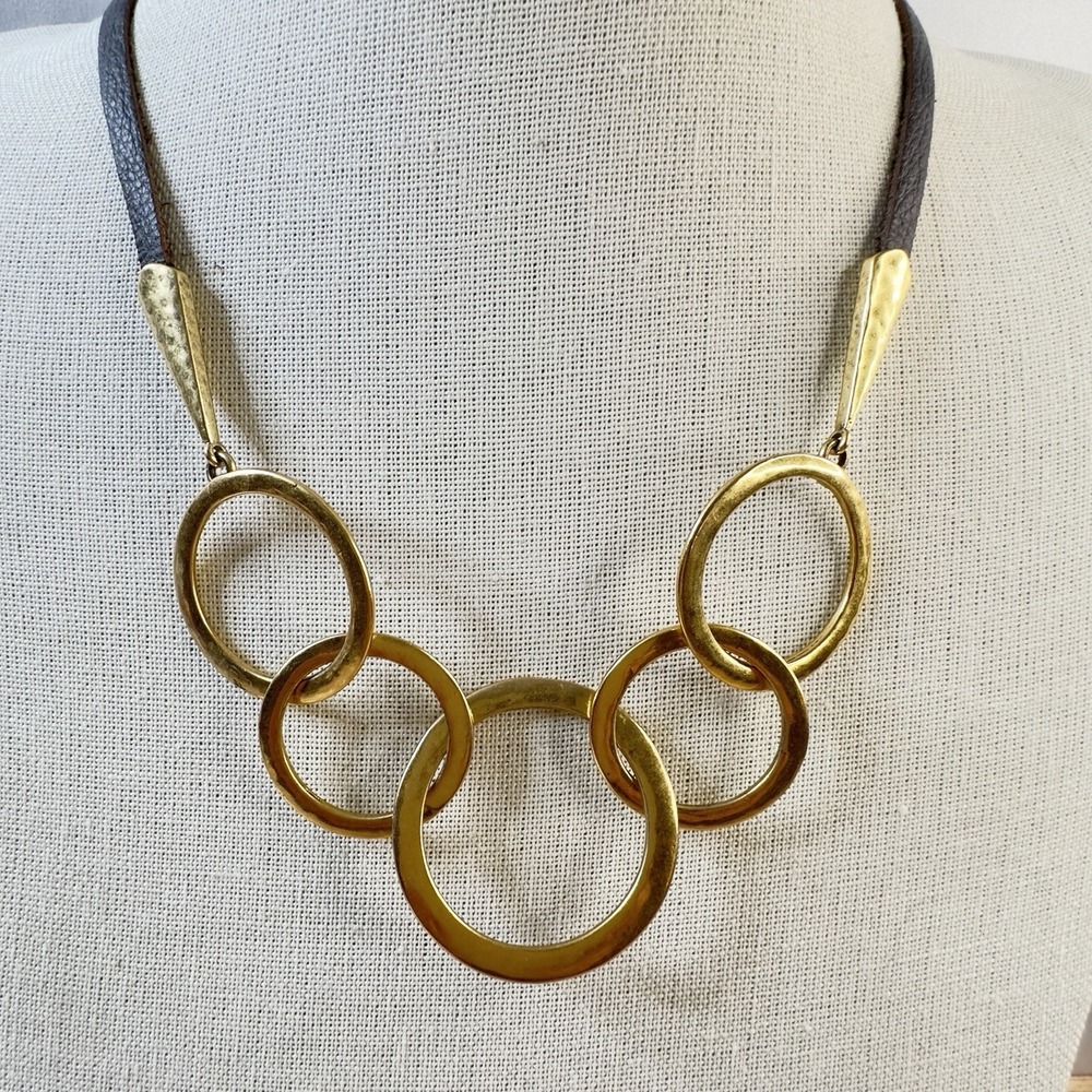 Lucky Brand Necklace Hammered Gold Tone & Leather Cord Adjustable 21 - 22"
